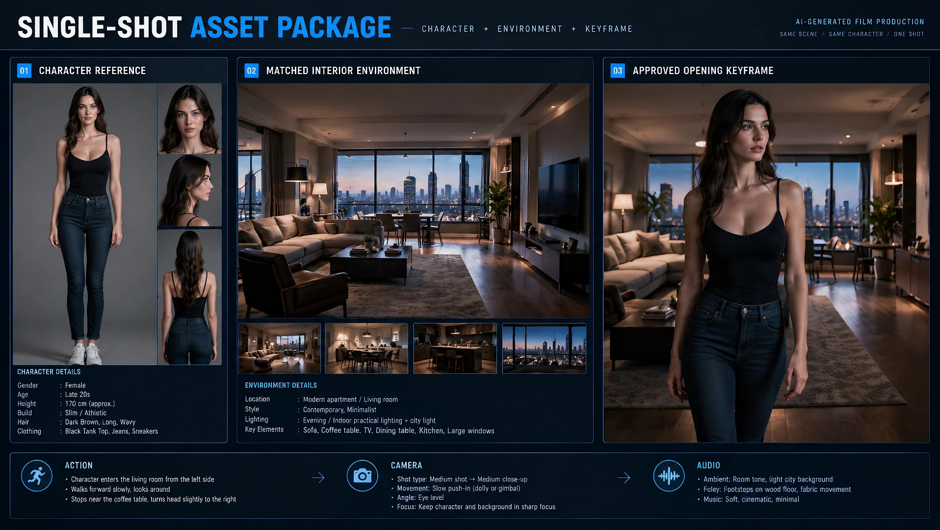 Single-shot asset package with character reference, matching interior, opening keyframe, action, camera, and audio direction