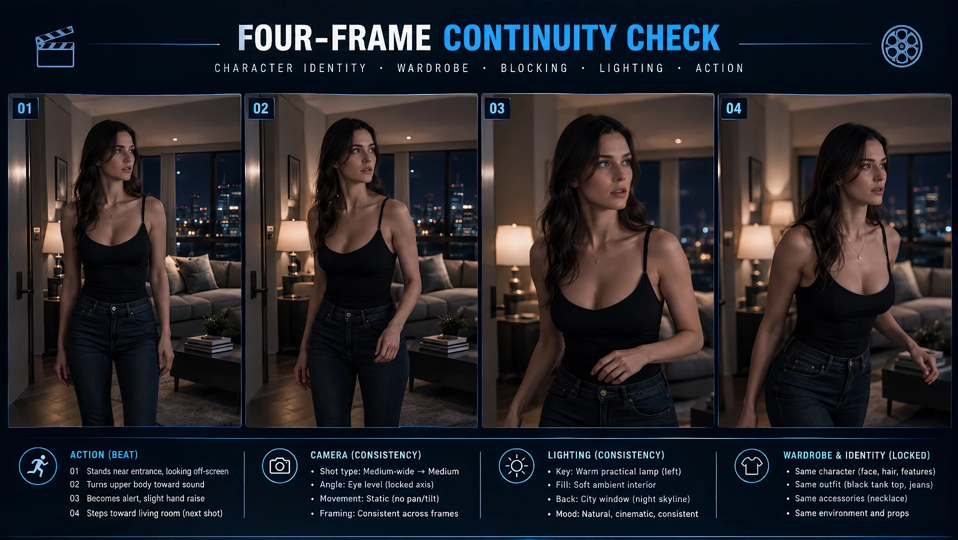 Four-frame continuity check preserving character identity, wardrobe, room, lighting, and action progression