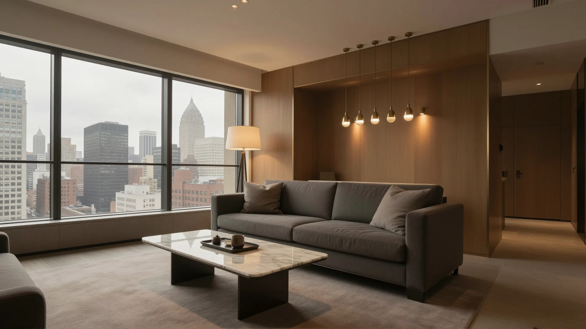 Shared warm lounge environment for the couple scene